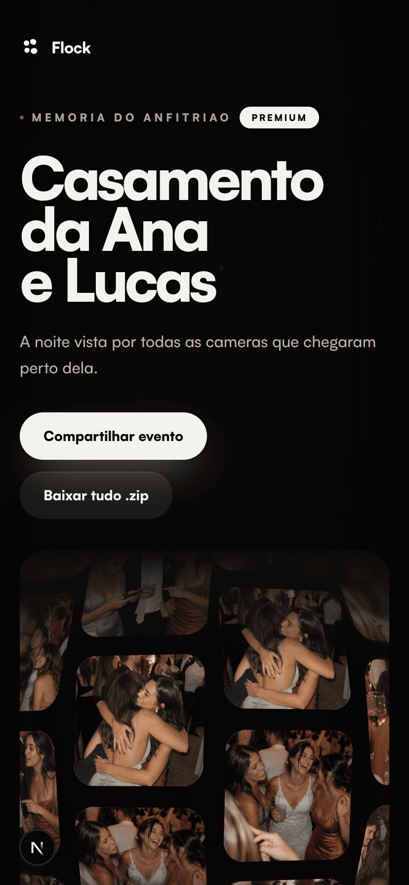 Tela do Flock Wrapped mostrando a memória do anfitrião no casamento