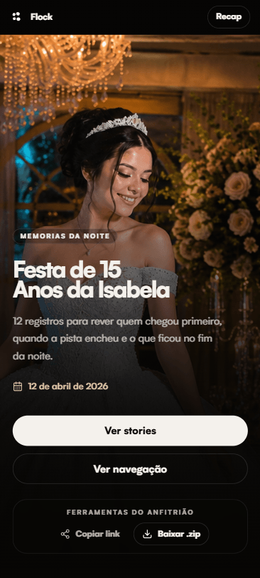 Tela do Flock Wrapped mostrando a memória da debutante na festa de 15 anos