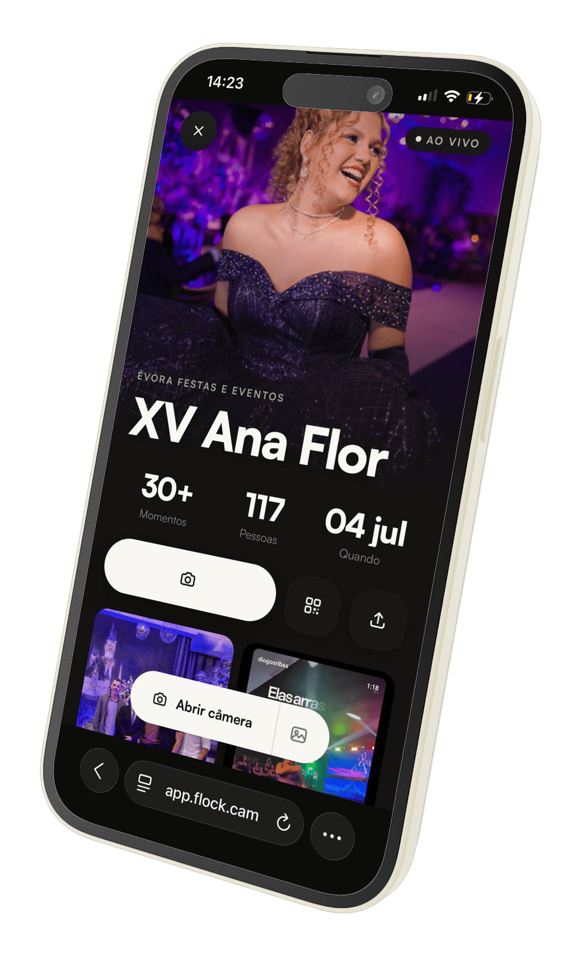 Tela do Flock para convidado entrar em evento por QR ou link