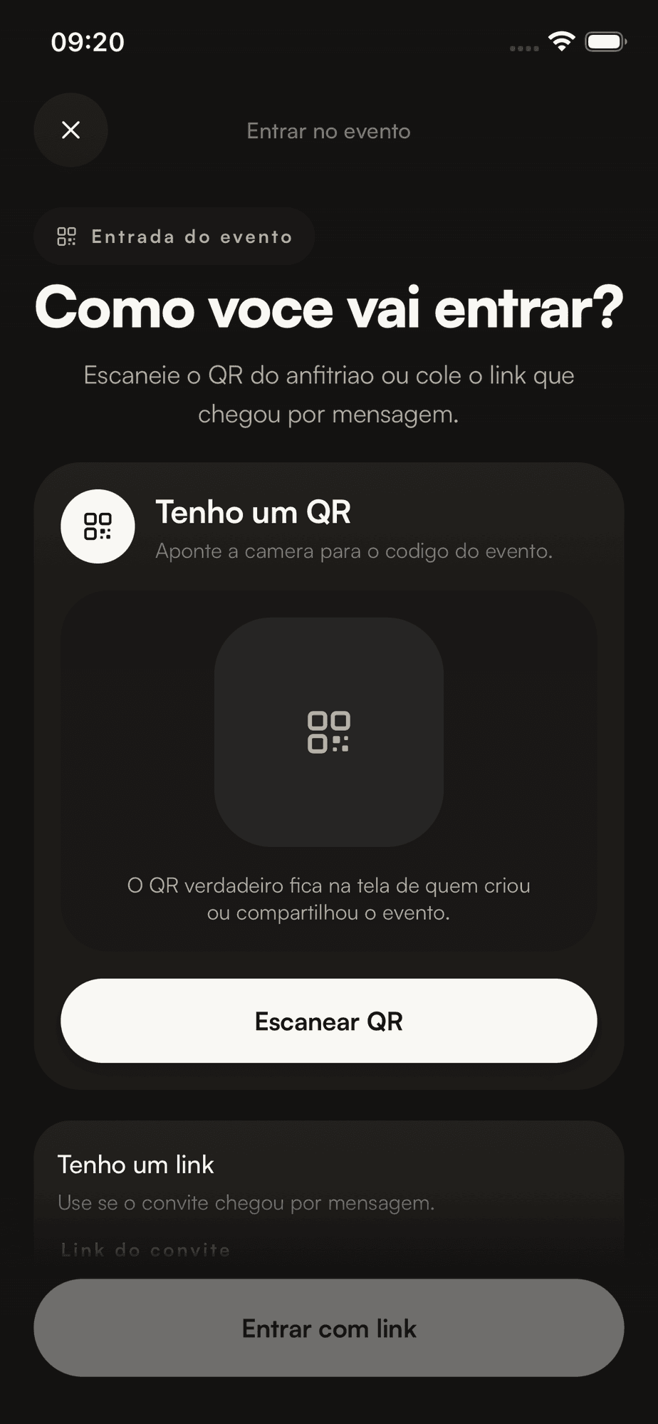 Tela do Flock para convidado entrar em evento por QR ou link