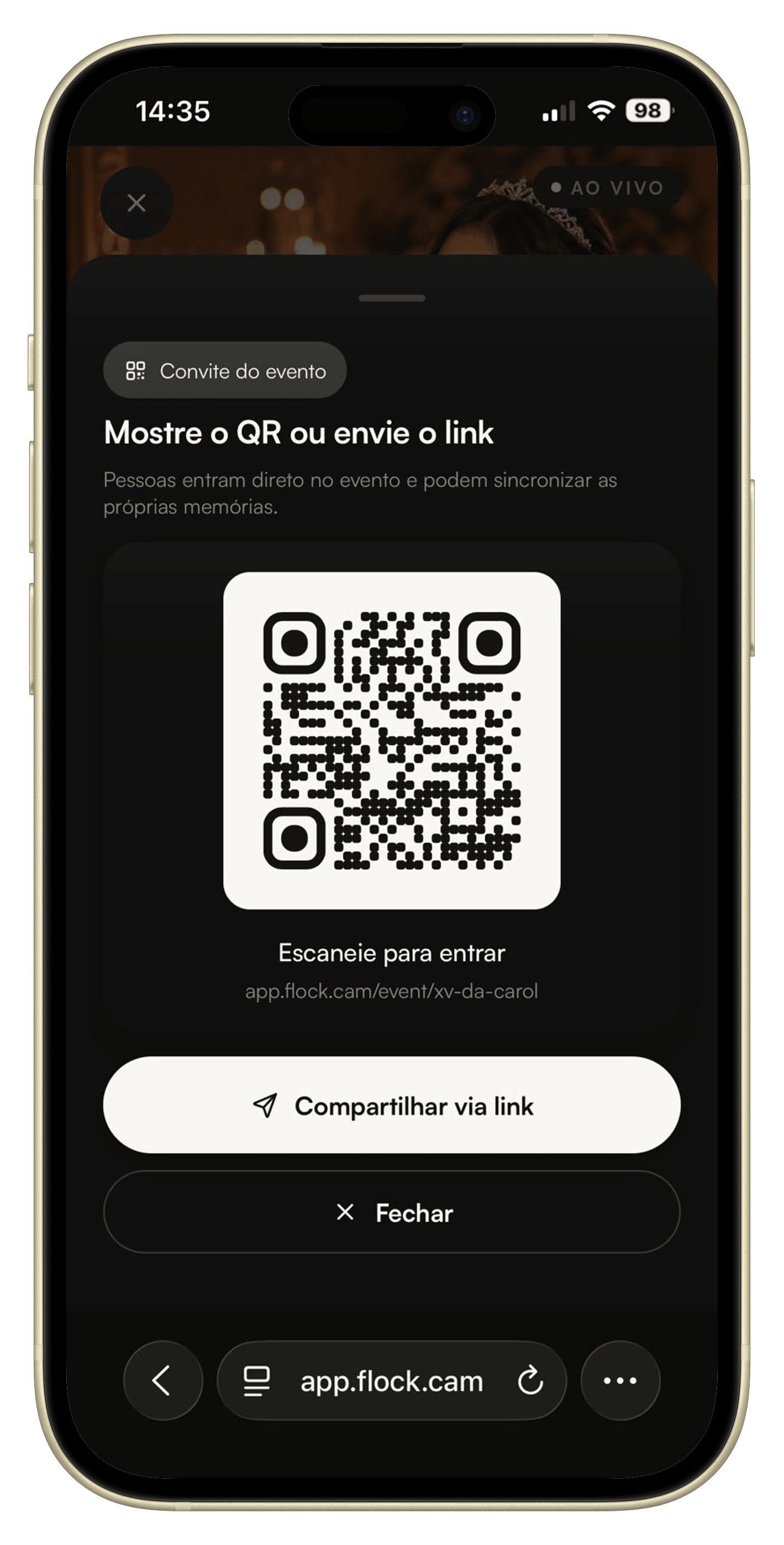 Tela do Flock mostrando o QR do evento pronto para compartilhar