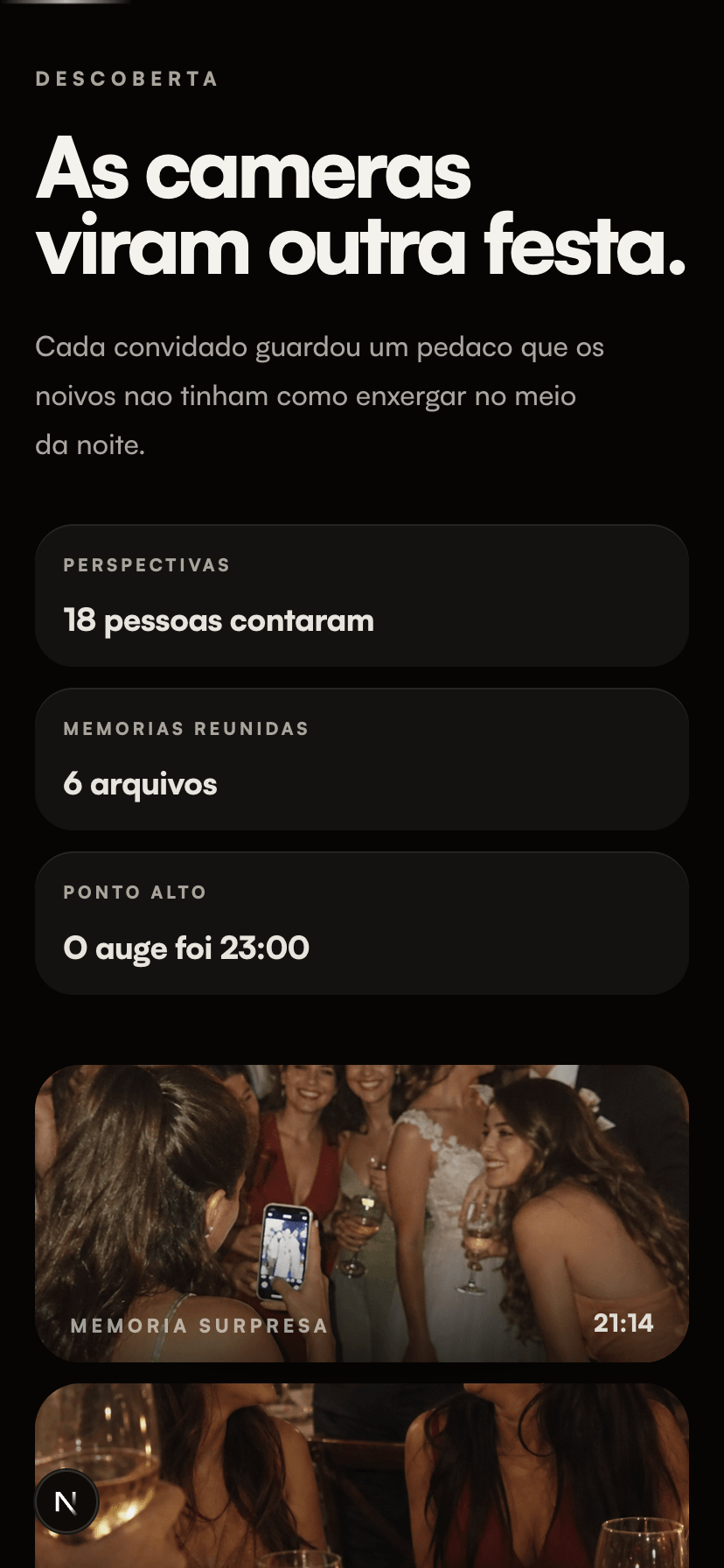 Tela do Flock Wrapped mostrando descoberta, estatísticas e memórias surpresa do casamento