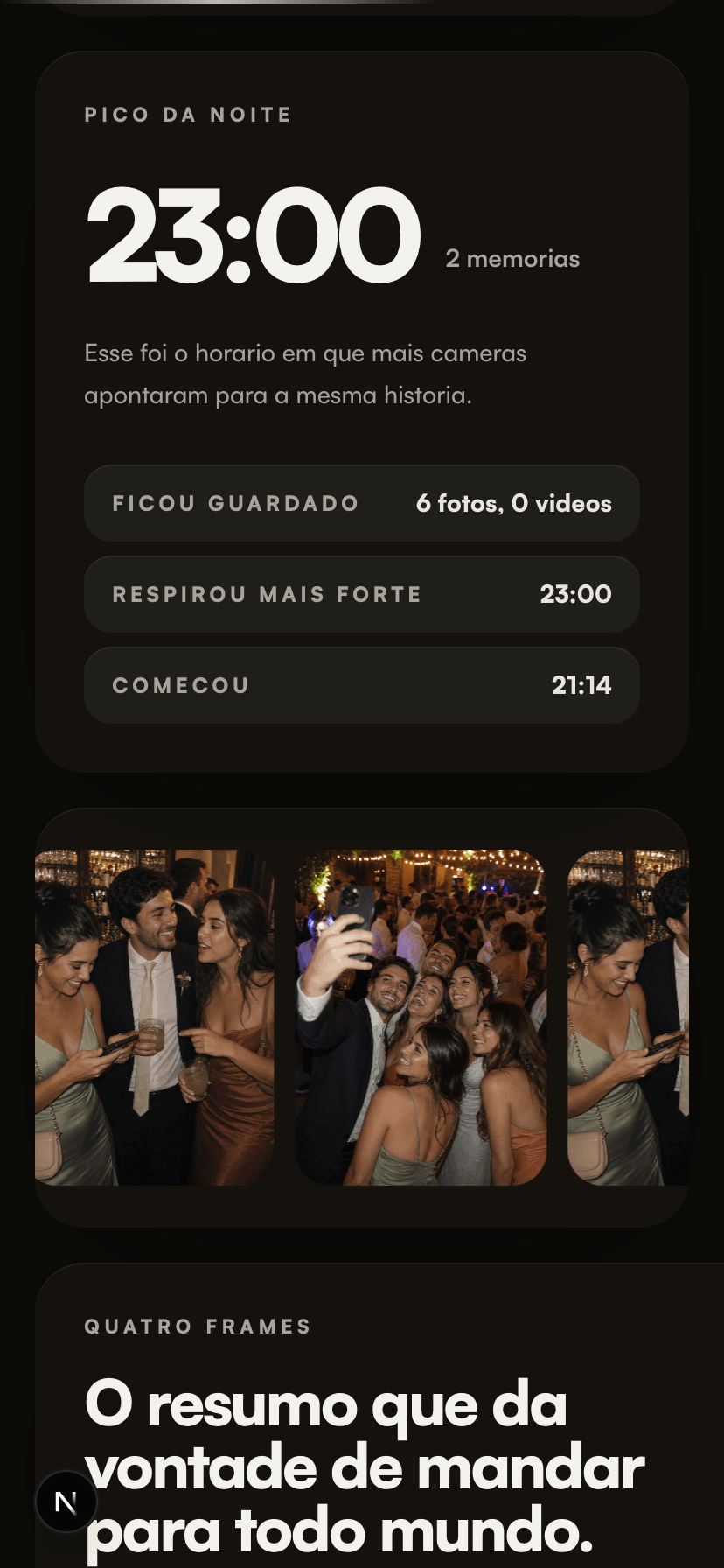 Tela do Flock Wrapped mostrando o pico da noite e quatro frames do casamento
