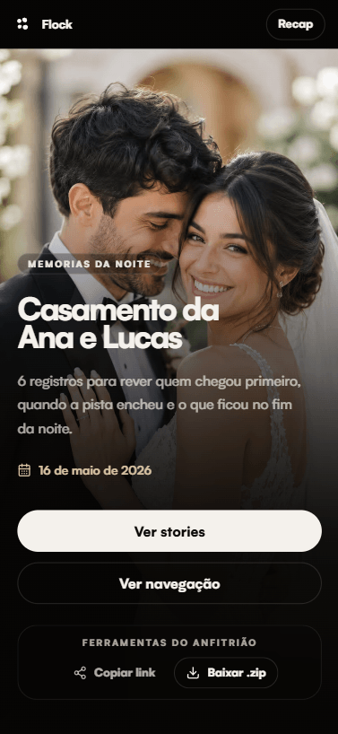 Tela do Flock Wrapped mostrando a memória do anfitrião no casamento