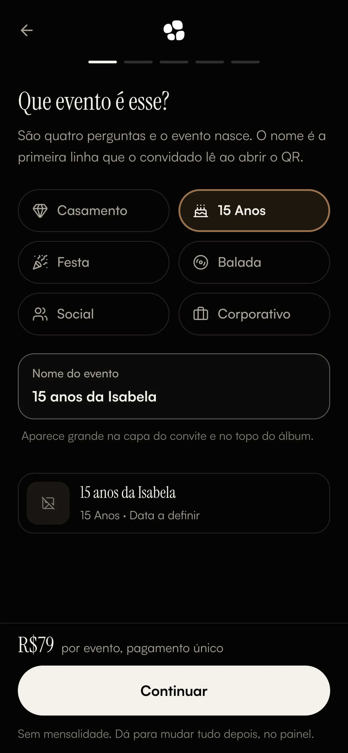 Criação do evento no Flock com 15 Anos escolhido e o nome 15 anos da Isabela