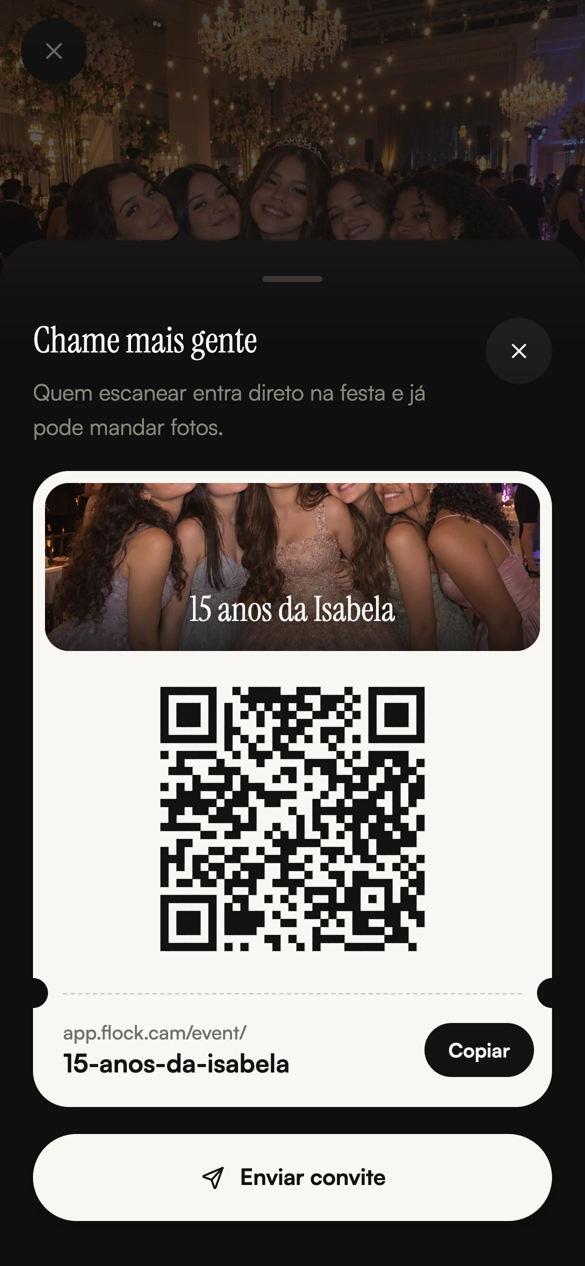 Convite do evento no Flock com o QR code, o link e o botão Enviar convite
